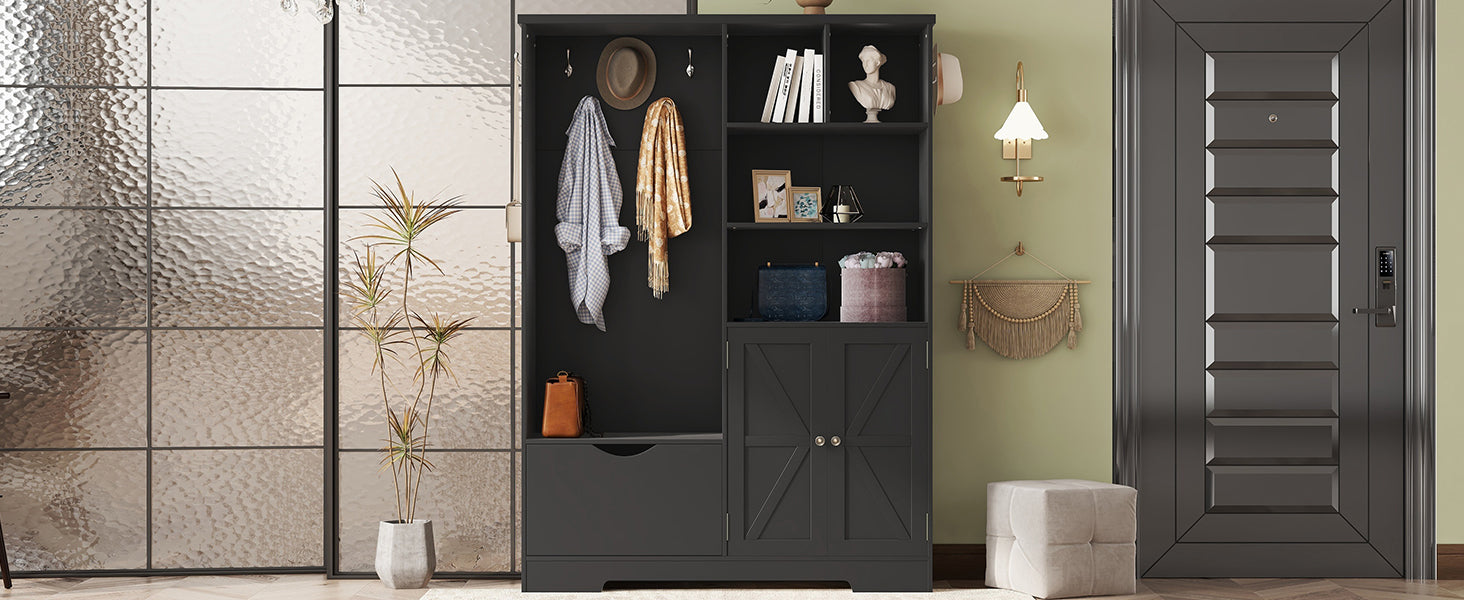 Multi-functional Hall Tree with Storage Shelves Drawers and Cabinet, Elegant Hallway Shoe Cabinet with Bench Modern Black - Korvel