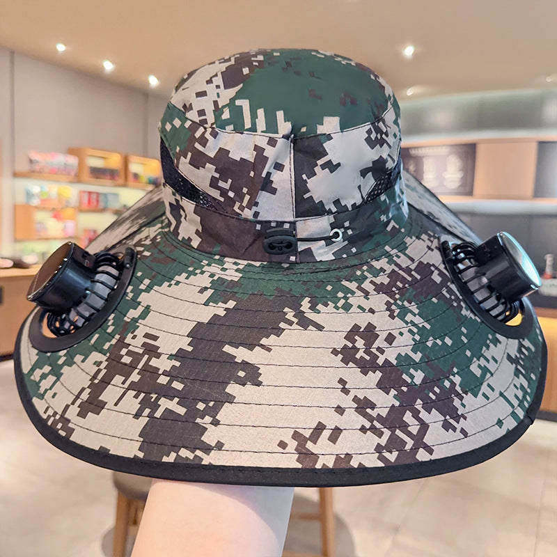 Solar powered fan large brim hat men's outdoor sunshade hat mountain climbing fisherman hat - Korvel