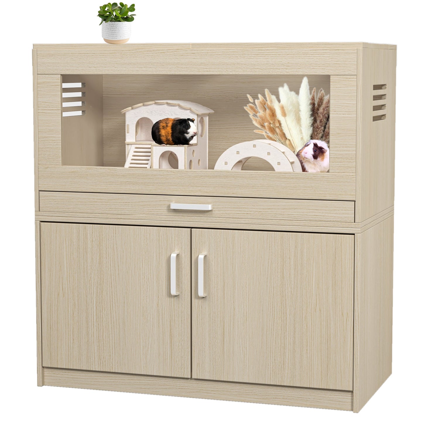 Squirrel cage acrylic panel with independent storage cabinet and wooden guinea pig room with bridge (L 31.50 x W 15.75 x H32.28) - Korvel