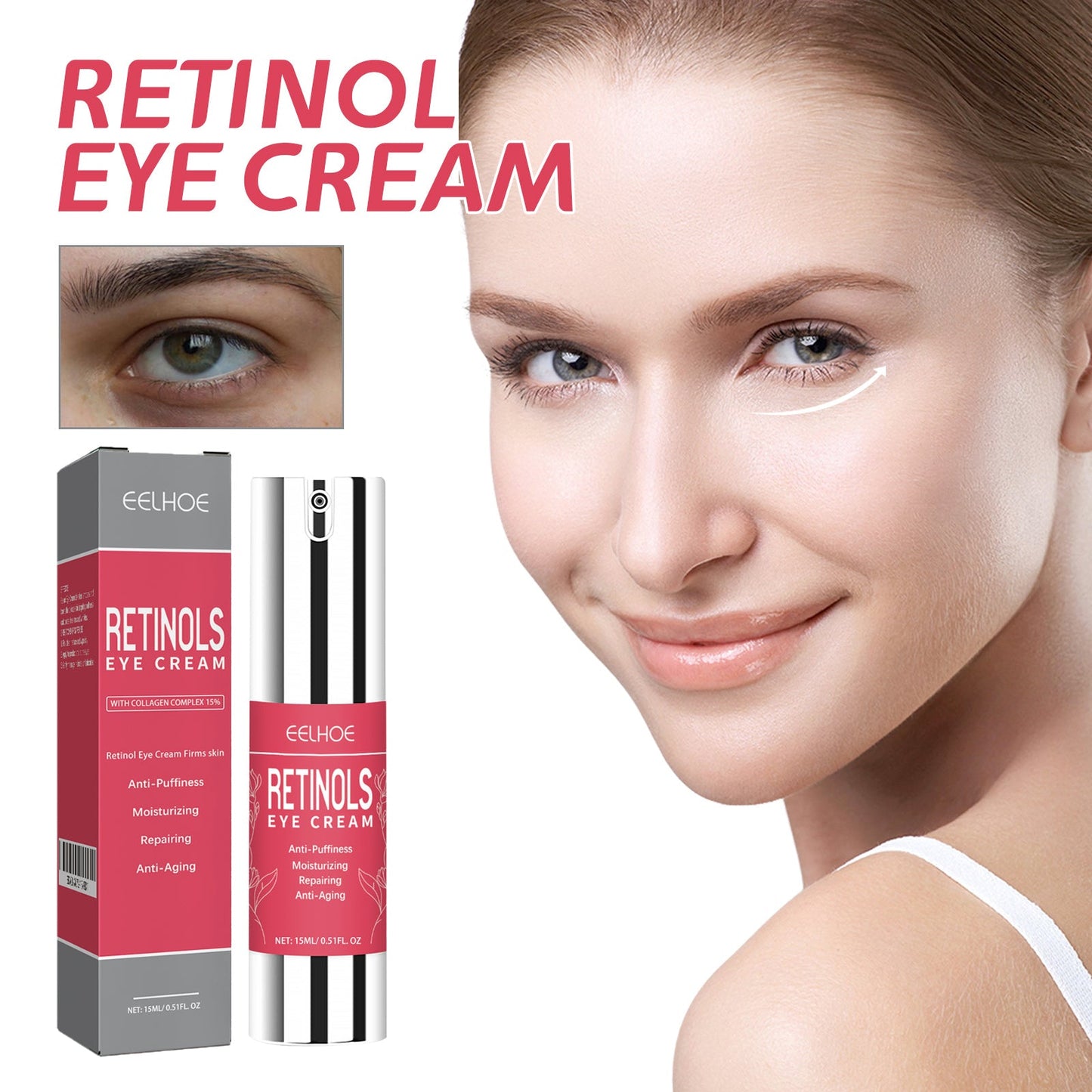 Retinol Eye Cream, Eye Skin Moisturizing Treatment Fade Fine Lines Dark Circles Elastic Firming Eye Cream - Korvel