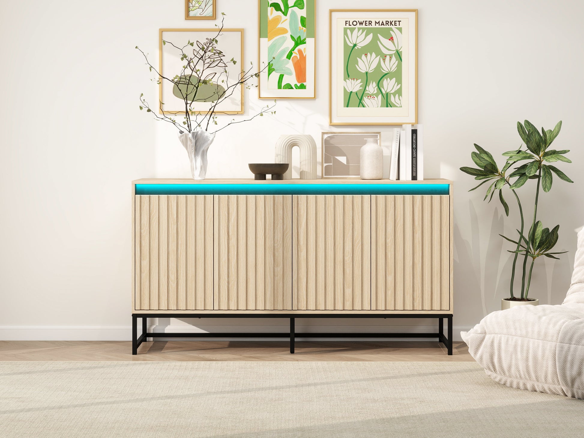 Engraved 4-door side panel with LED, self-service cabinet storage cabinet, modern coffee bar cabinet with adjustable shelves - Korvel