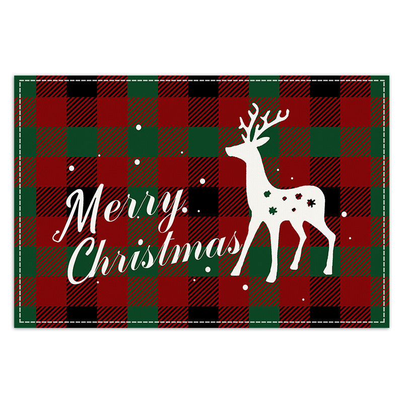 Christmas Tree Elk Printed Meal Mat Christmas Striped Checkered Table Mat White Hemp Western Food Mat - Korvel