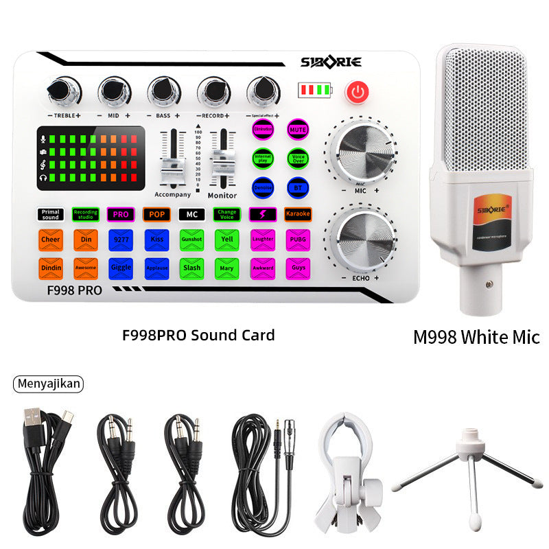 F998Pro live singing sound card white English version intelligent noise reduction integrated microphone - Korvel