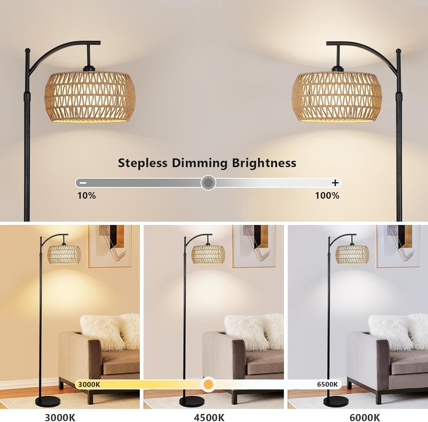 Arc Floor Lamp with Remote Control, Dimmable LED Floor Lamp with 3 Color Temperature Boho Farmhouse Tall Pole Lamp - Korvel