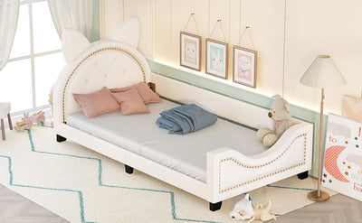 Twin Size Upholstered Daybed with Carton Ears Shaped Headboard  White - Korvel
