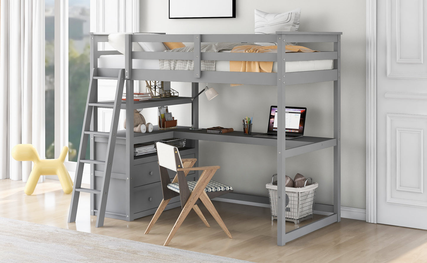 Twin Size Loft Bed with Desk and Shelves, Two Built-in Drawers, Gray - Korvel