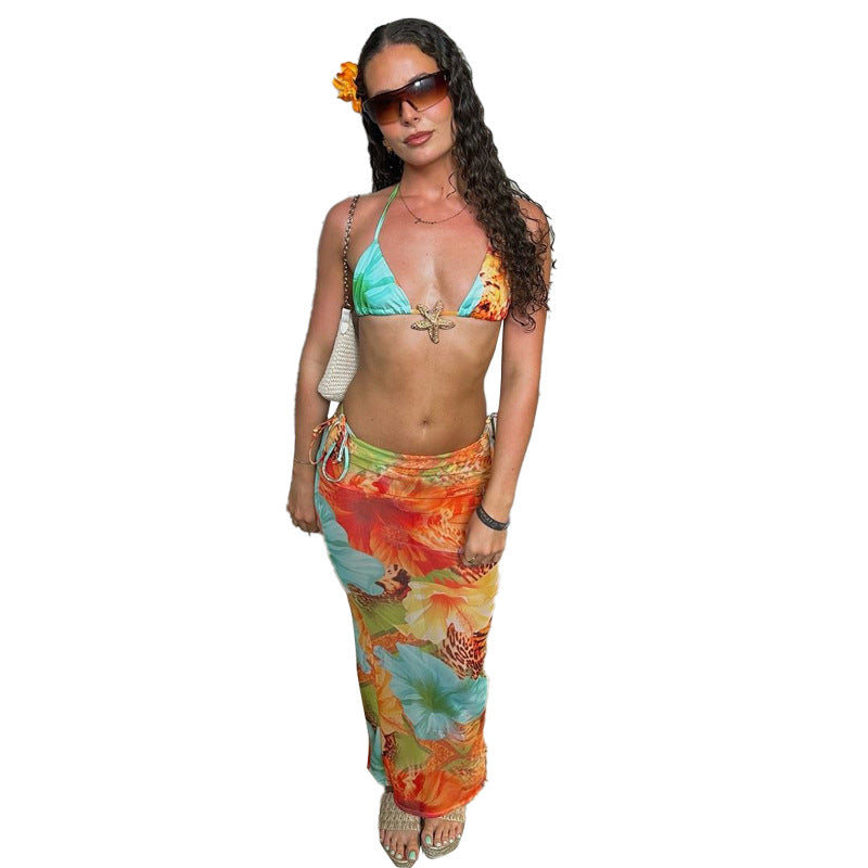 Fashionable Three-Piece Printed Bikini Set with Exposed Navel Tie