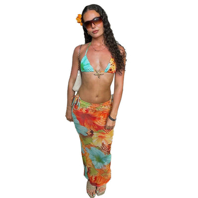 Fashionable Three-Piece Printed Bikini Set with Exposed Navel Tie