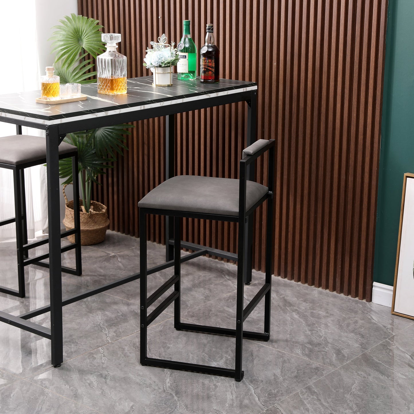 Set of 2 Counter Height Barstools Kitchen Island Stools (Gray with Back) - Korvel