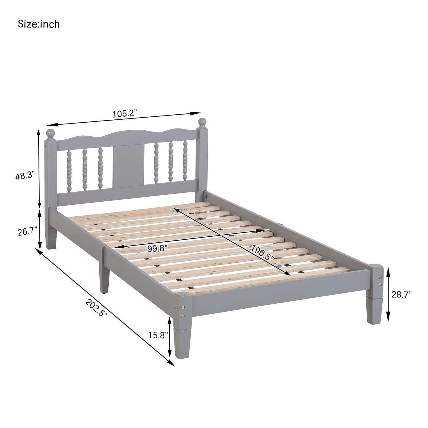 Twin Bed with Column-Decoration Headboard, with Bed Slats,Grey - Korvel