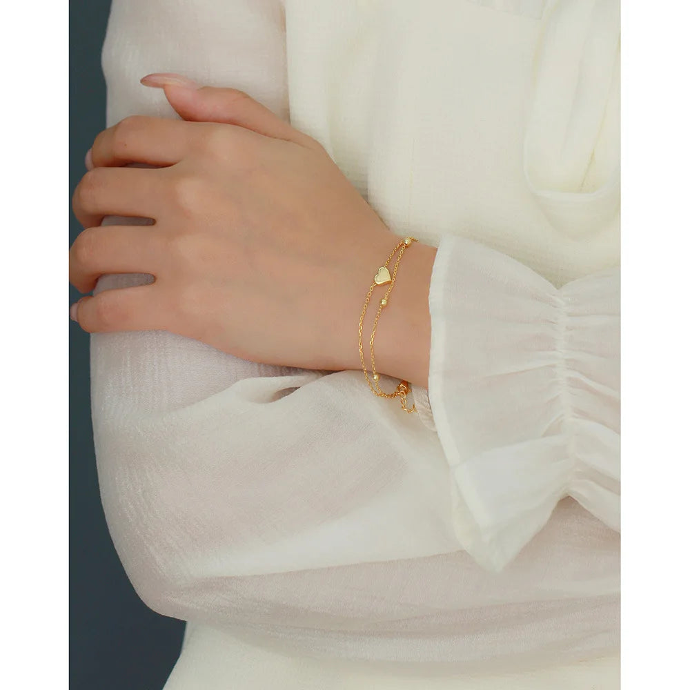 925 Sterling Silver Double Layer Heart-shaped Bracelet  for Women Girl Korean Style Small Fresh Summer Bracelet - Korvel