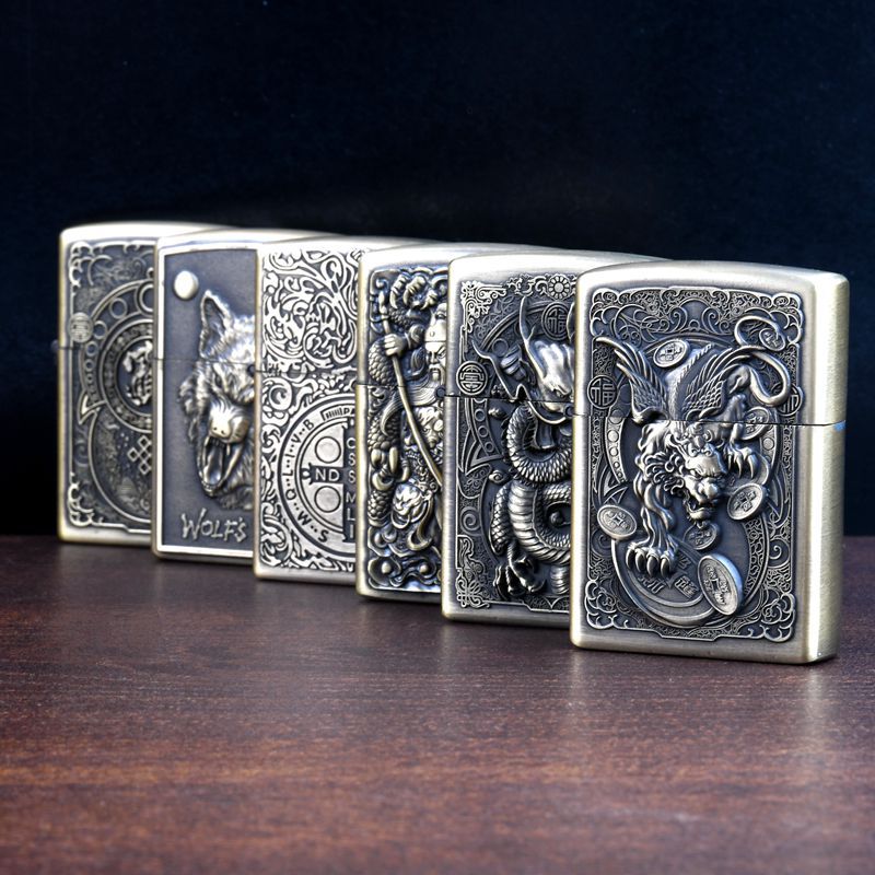 Retro Windproof Kerosene Lighter with Bronze Relief Design