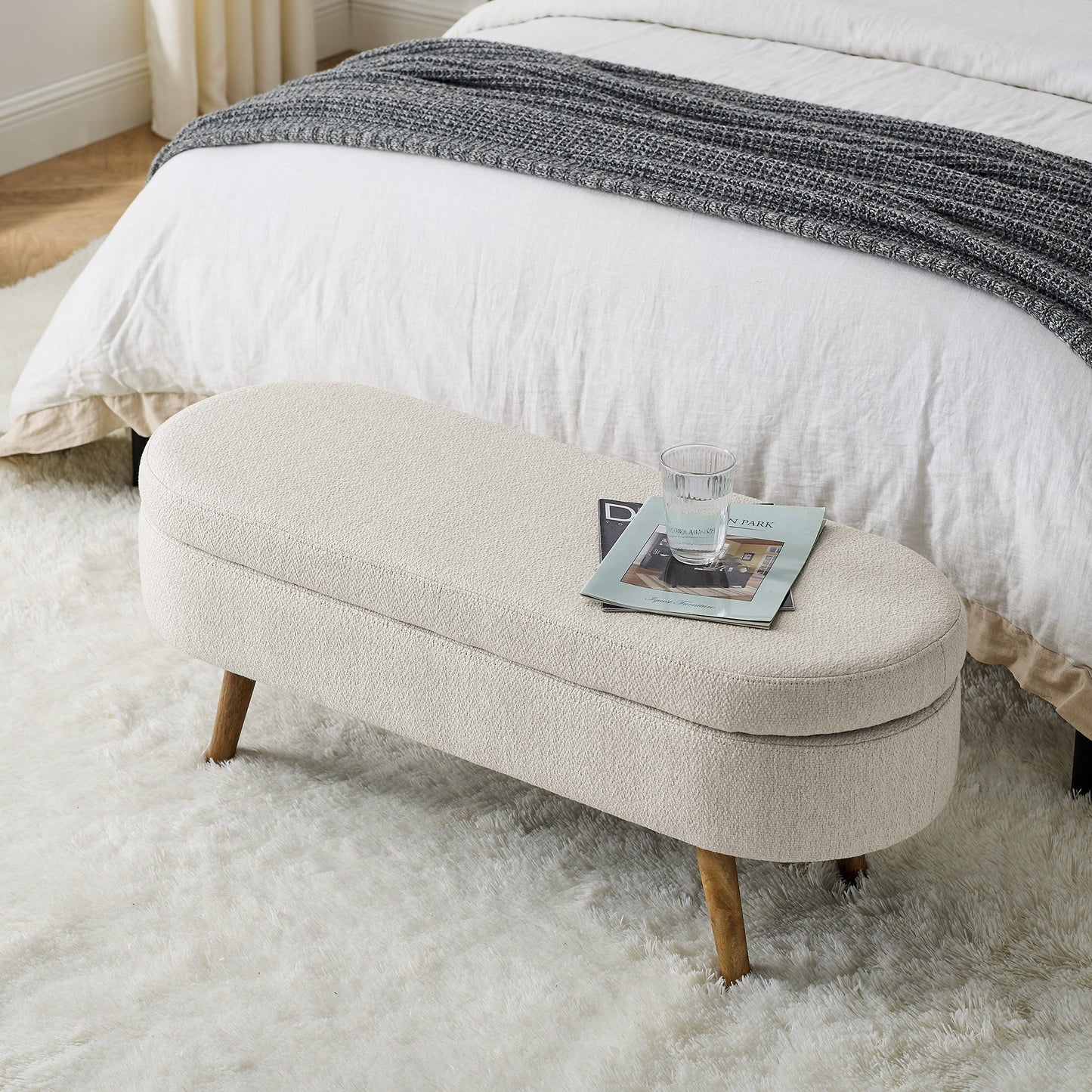 Ottoman Oval Storage Bench Rubber Wood Legs Beige(43.5"x16"x16") - Korvel