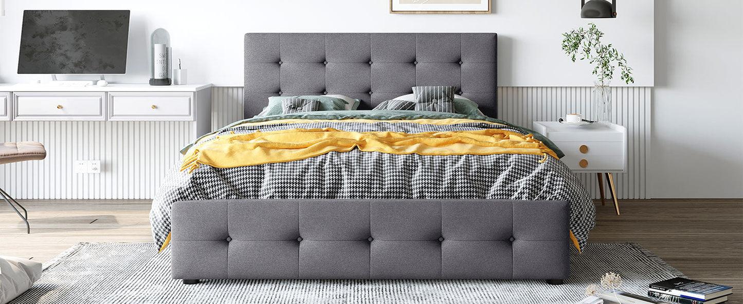 Upholstered Platform Bed with Classic Headboard and 4 Drawers No Box Spring Needed Linen Fabric Queen Size Dark gray - Korvel
