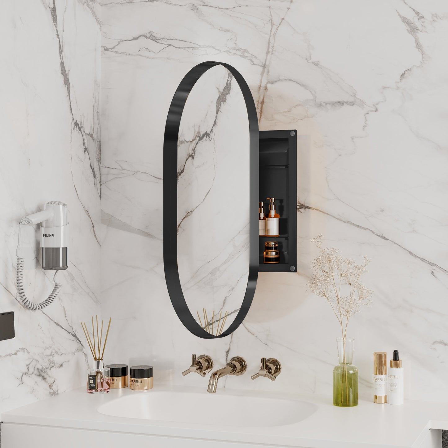 Matte Black Oval Embedded Medicine Cabinet with Mirror