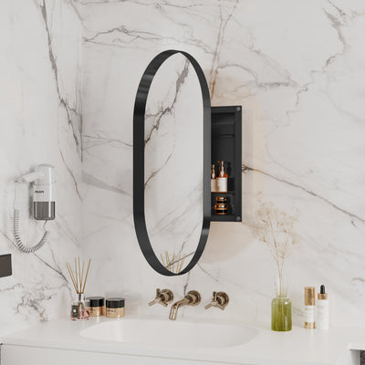 Matte Black Oval Embedded Medicine Cabinet with Mirror