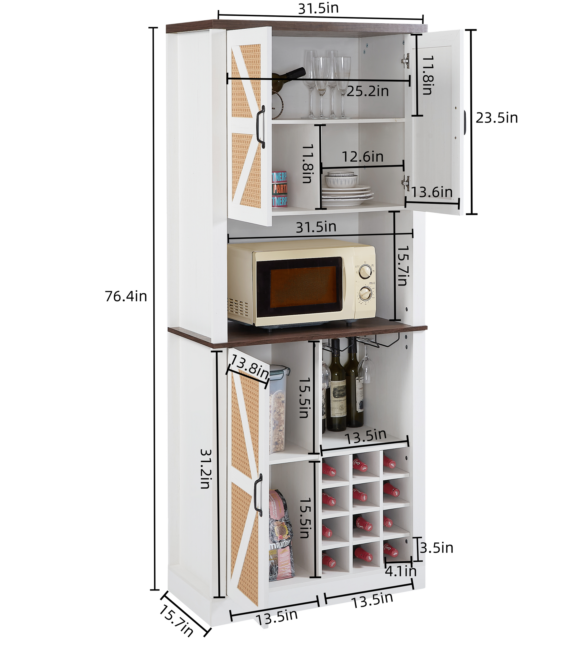 76 Inch Tall Farmhouse Kitchen Faux Rattan Wine Cabinet, Kitchen Bar Cabinet with Square Compartments and Shelves - Korvel