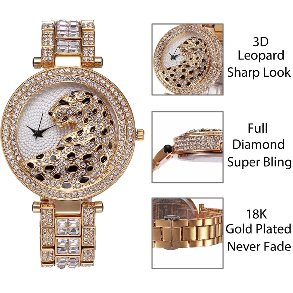 MISSFOX V227  Women Quartz Watch Fashion Bling Casual Ladies Watch Female Quartz Gold Watch Crystal Diamond Leopard For Women Clock - Korvel