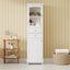 High bathroom storage cabinet with glass door, freestanding, two drawers and adjustable shelves, MDF board, painted white - Korvel