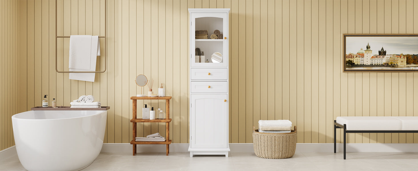 High bathroom storage cabinet with glass door, freestanding, two drawers and adjustable shelves, MDF board, painted white - Korvel
