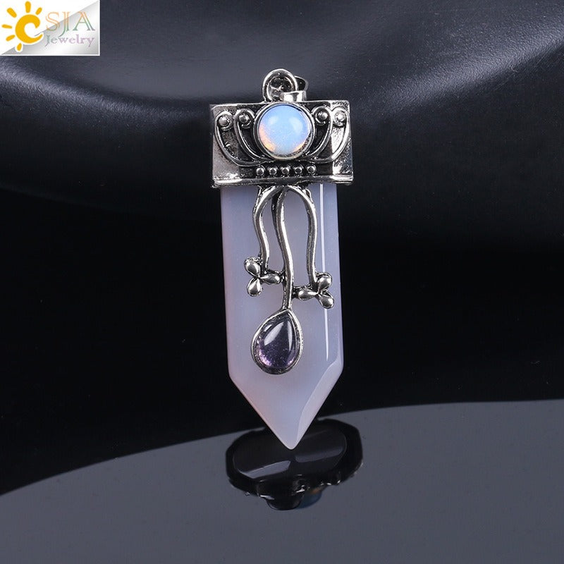 CSJA Vintage Large Natural Stone Sword-Shaped Pendant Jewelry Striped Crystal Agate Tiger Eye Jewelry Pendant Without Chain - Korvel