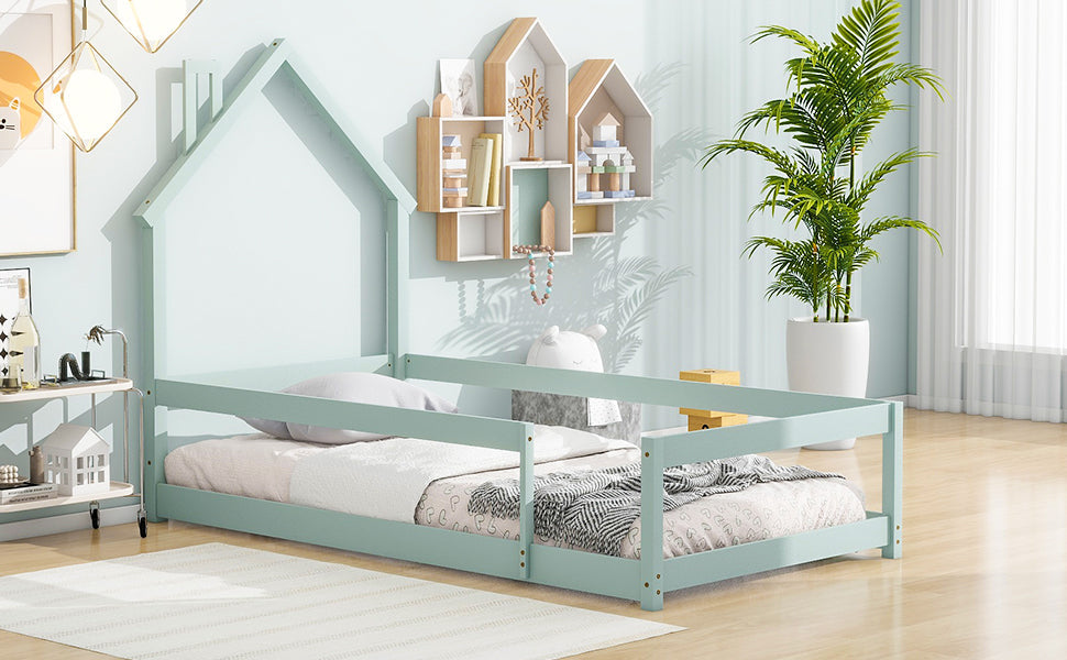 Twin Size Wood Bed with House-Shaped Headboard in Light Green