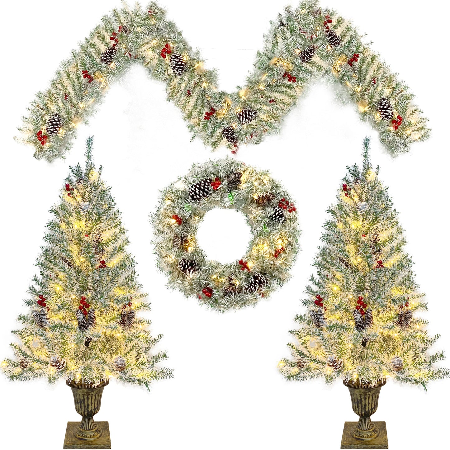 Pre-lit Xmas Tree Artificial Christmas 4-Piece Set,Garland, Wreath and Set of 2 Entrance Trees X-mas - Korvel