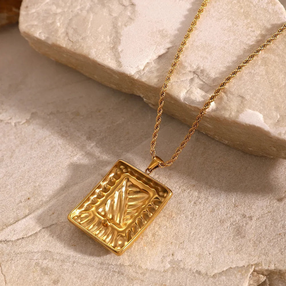 Stainless Steel Inlaid Rhinestone Rectangle Shape Pendant Necklace - Korvel