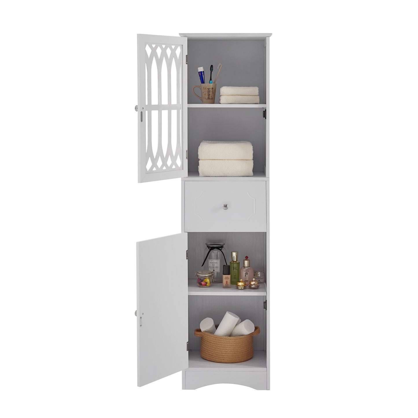 Elegant Tall Bathroom Cabinet with Adjustable Shelf - White