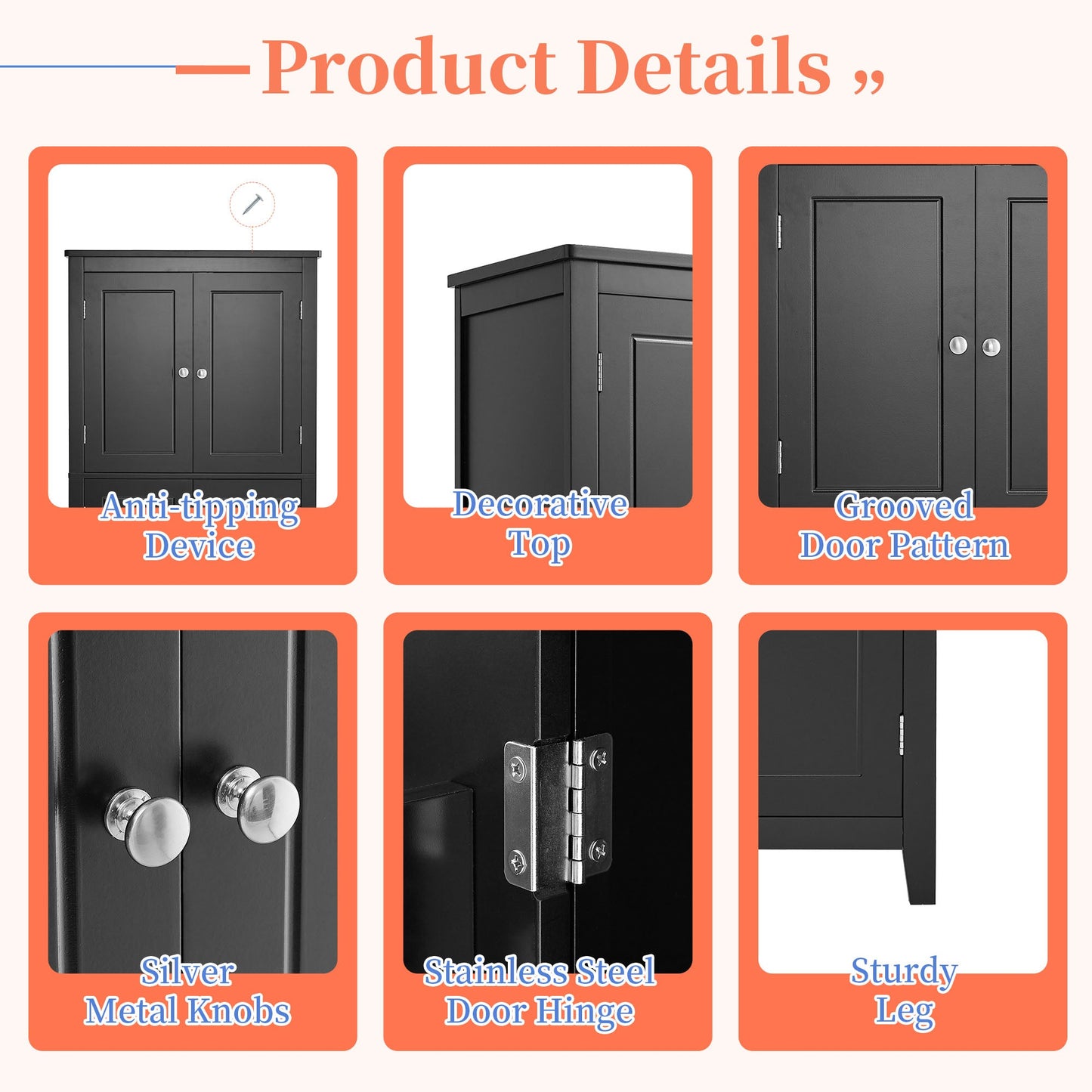 Elegant Black Bathroom Floor Storage Cabinet with Adjustable Shelves