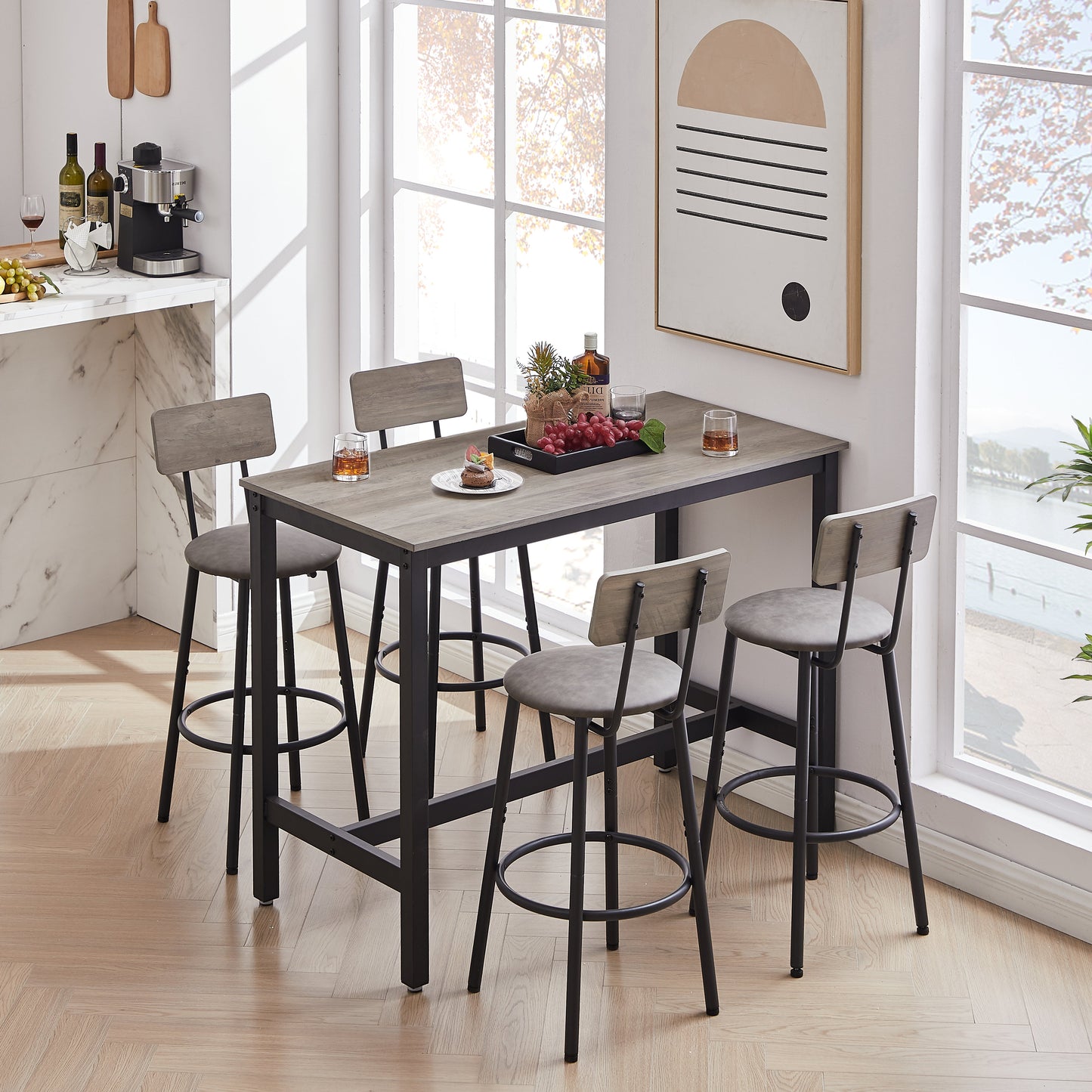 Bar Table Set with 4 Bar stools PU Soft seat with backrest Grey 47.24'' L x 23.62'' W x 35.43'' H - Korvel