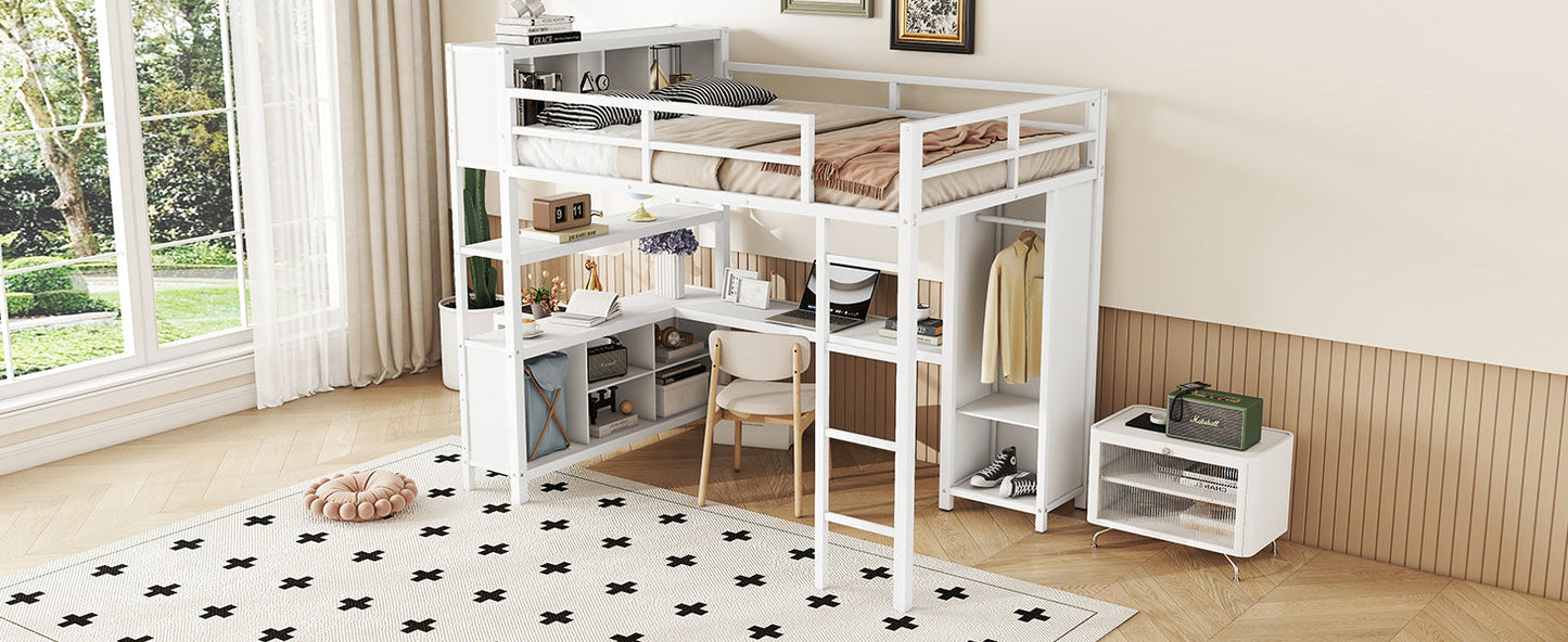 Metal loft bed with wardrobe and L-shaped desk, full-size loft bed with storage cabinet and shelf, white - Korvel