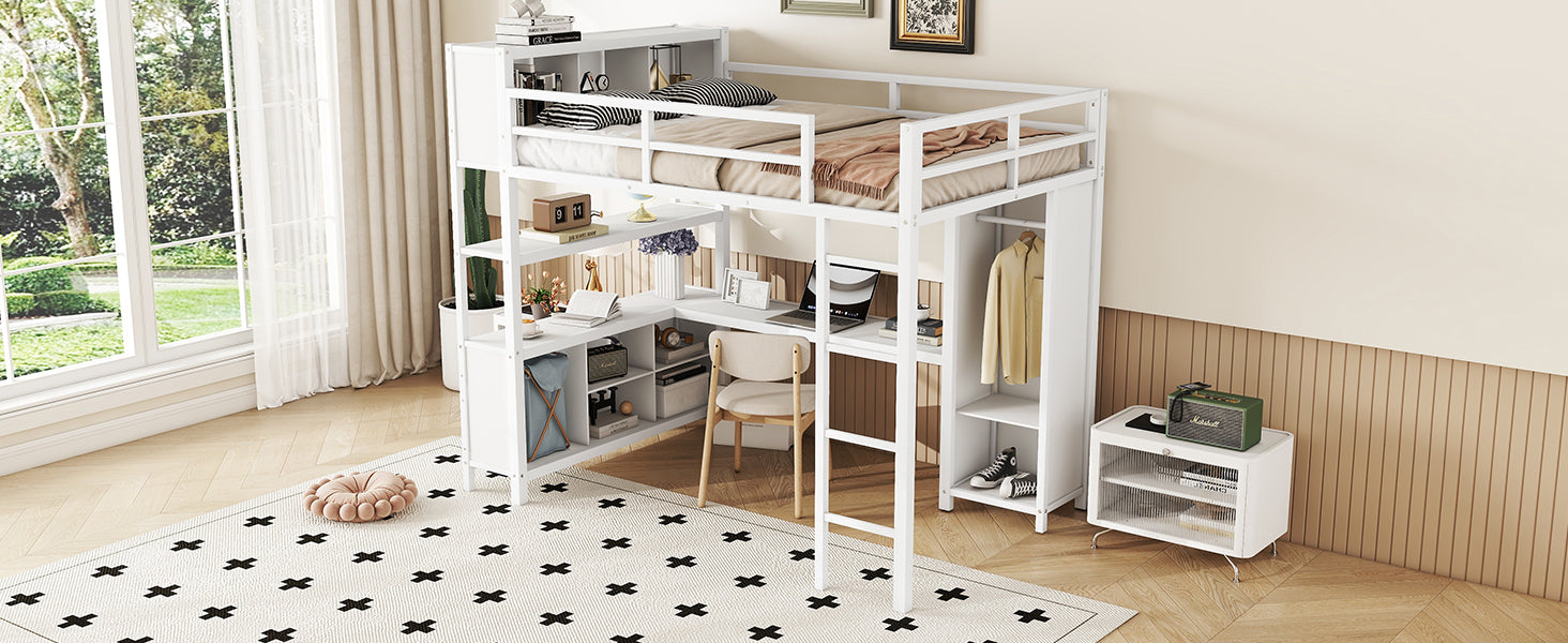 Metal loft bed with wardrobe and L-shaped desk, full-size loft bed with storage cabinet and shelf, white - Korvel