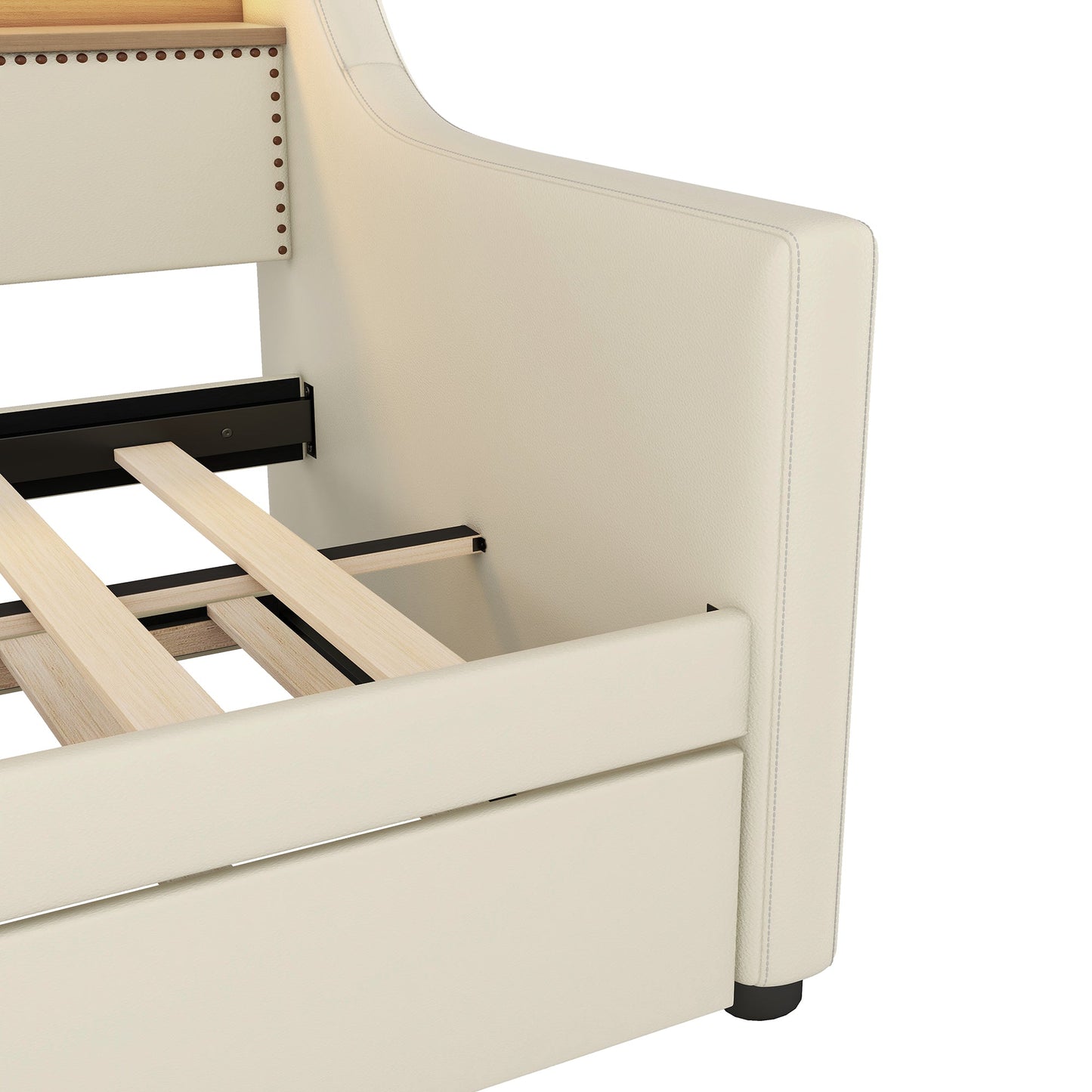 Twin Size Daybed with Trundle, Upholstered Daybed with Charging Station and LED Lights, Beige - Korvel