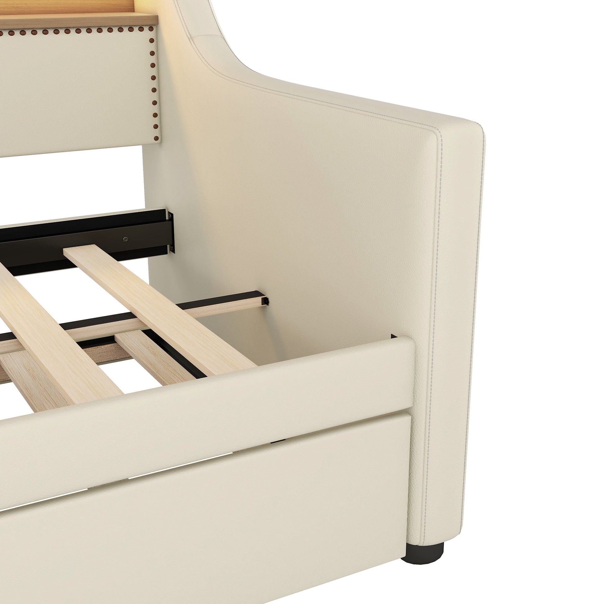 Twin Size Daybed with Trundle, Upholstered Daybed with Charging Station and LED Lights, Beige - Korvel