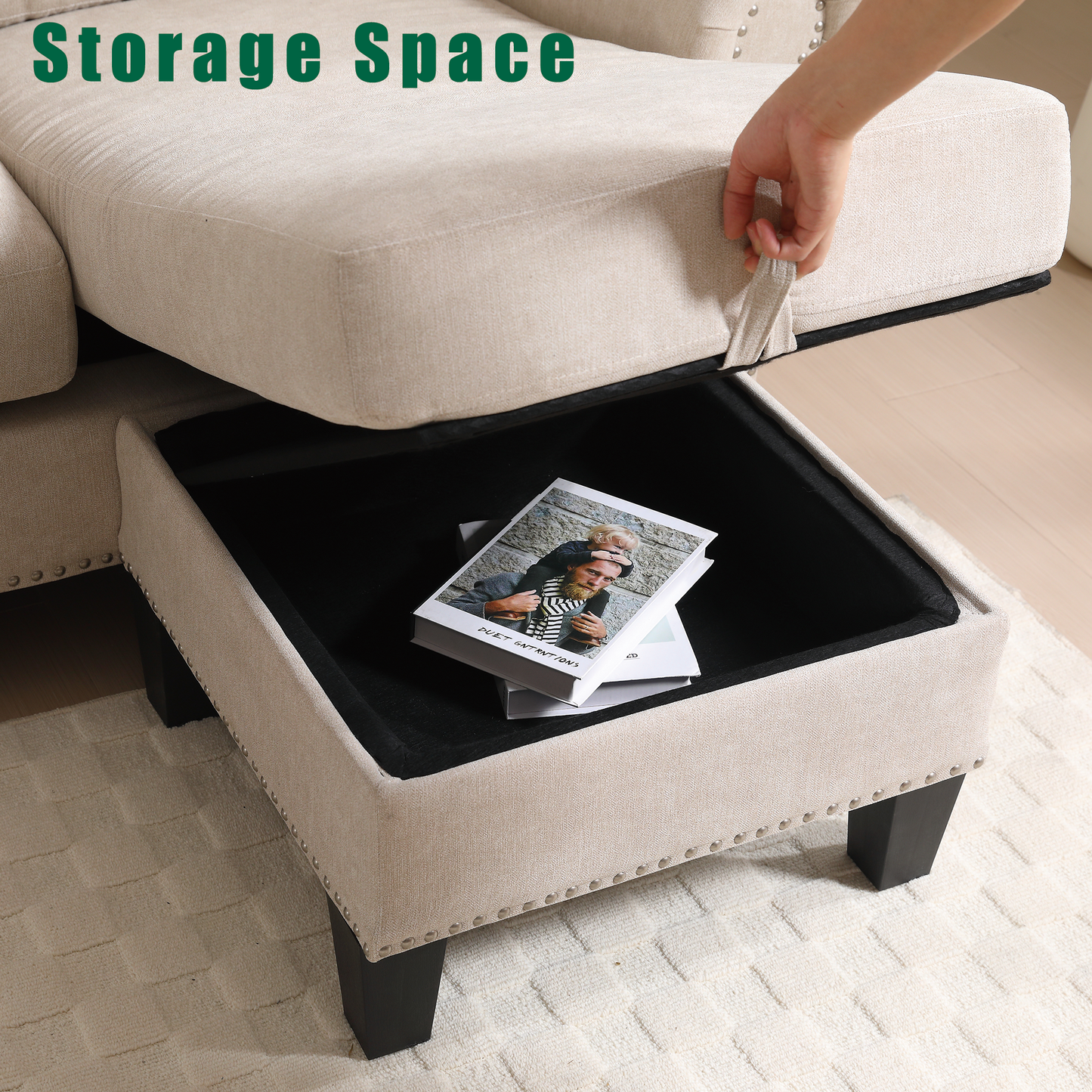 Sofá Seccional Convertible en Forma de L con Almacenamiento - Beige