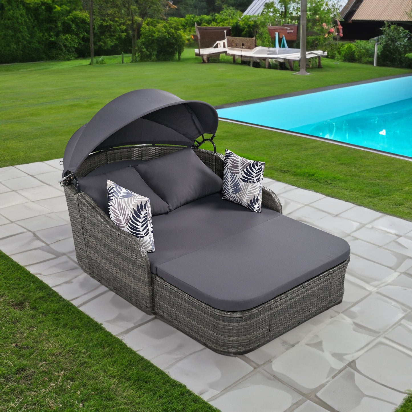 GO 79.9" Outdoor Sunbed with Adjustable Canopy, Double lounge, PE Rattan Daybed, Gray Wicker And Cushion - Korvel