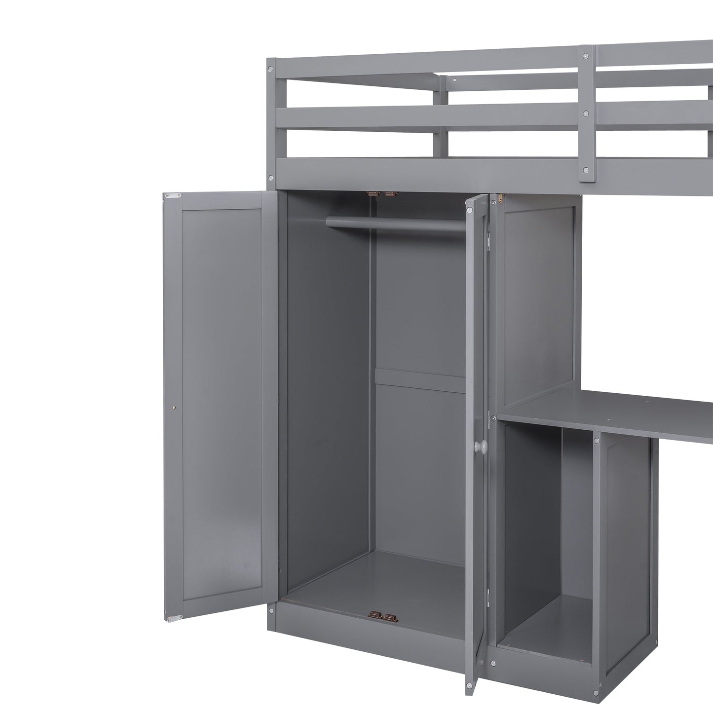Cama loft tamaño twin con armario y almacenamiento en gris