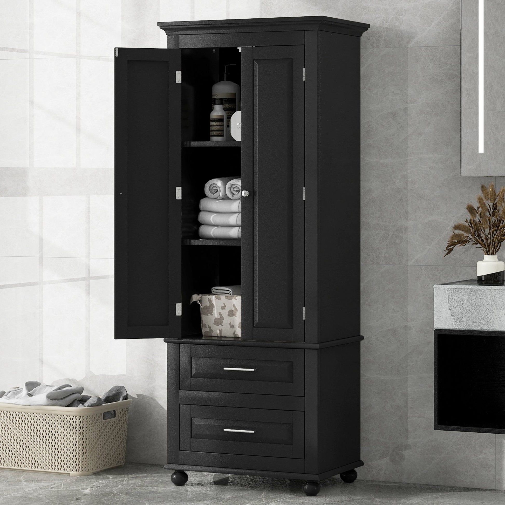 Tall Storage Cabinet with Two Drawers for Bathroom/Office, Black - Korvel