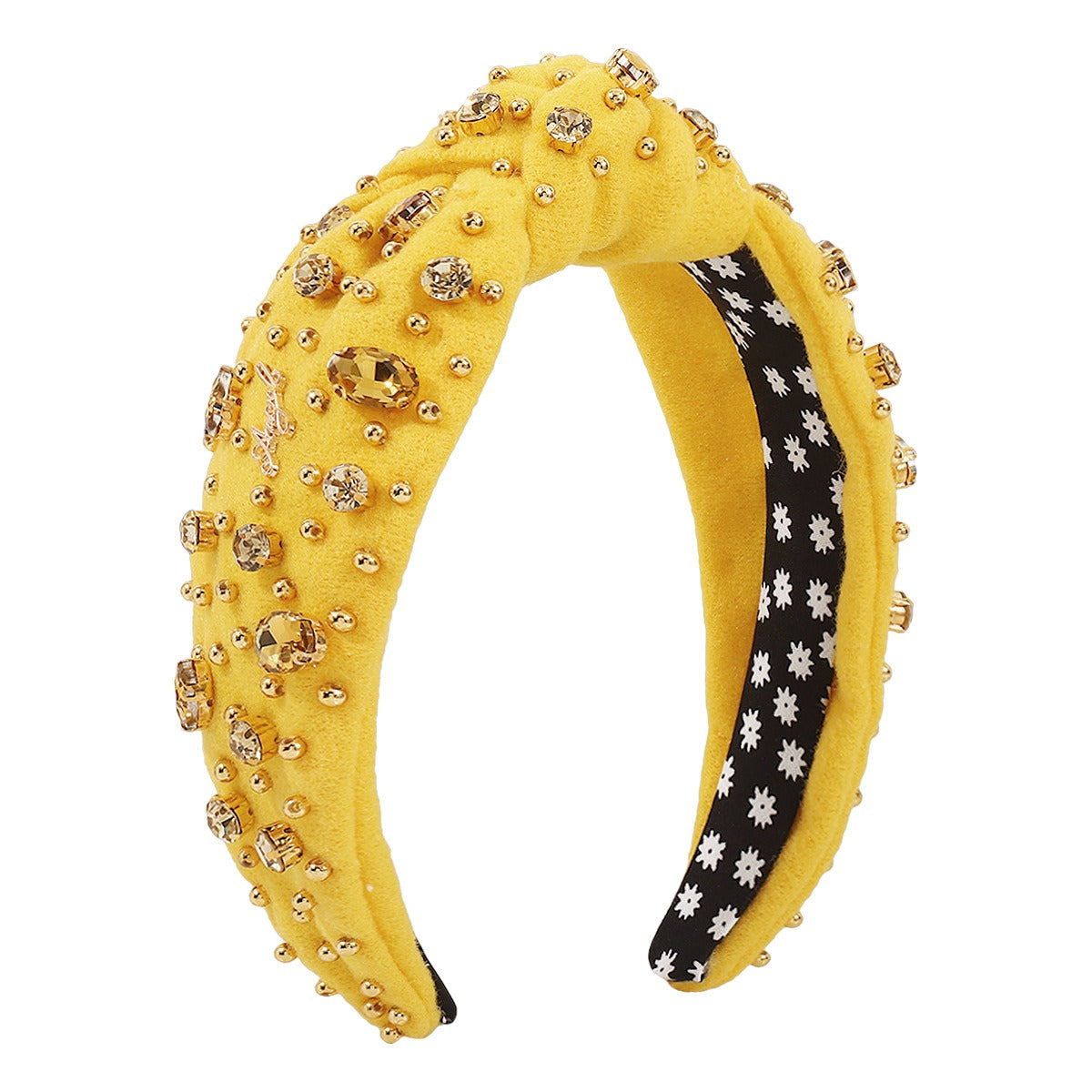 Retro Wide Edge Knot Bead Water Diamond Plush Fabric Thickened Letter Hair Hoop - Korvel