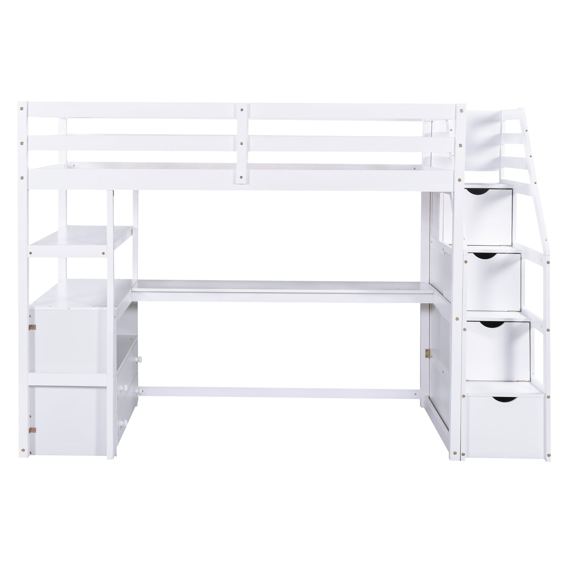 Twin Size Loft Bed with Desk and Shelves  Two Built-in Drawers  Storage Staircase White - Korvel
