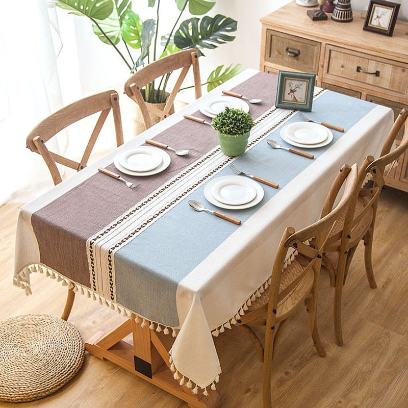 90x90 cm Plaid Decorative Linen Tablecloth with Tassels