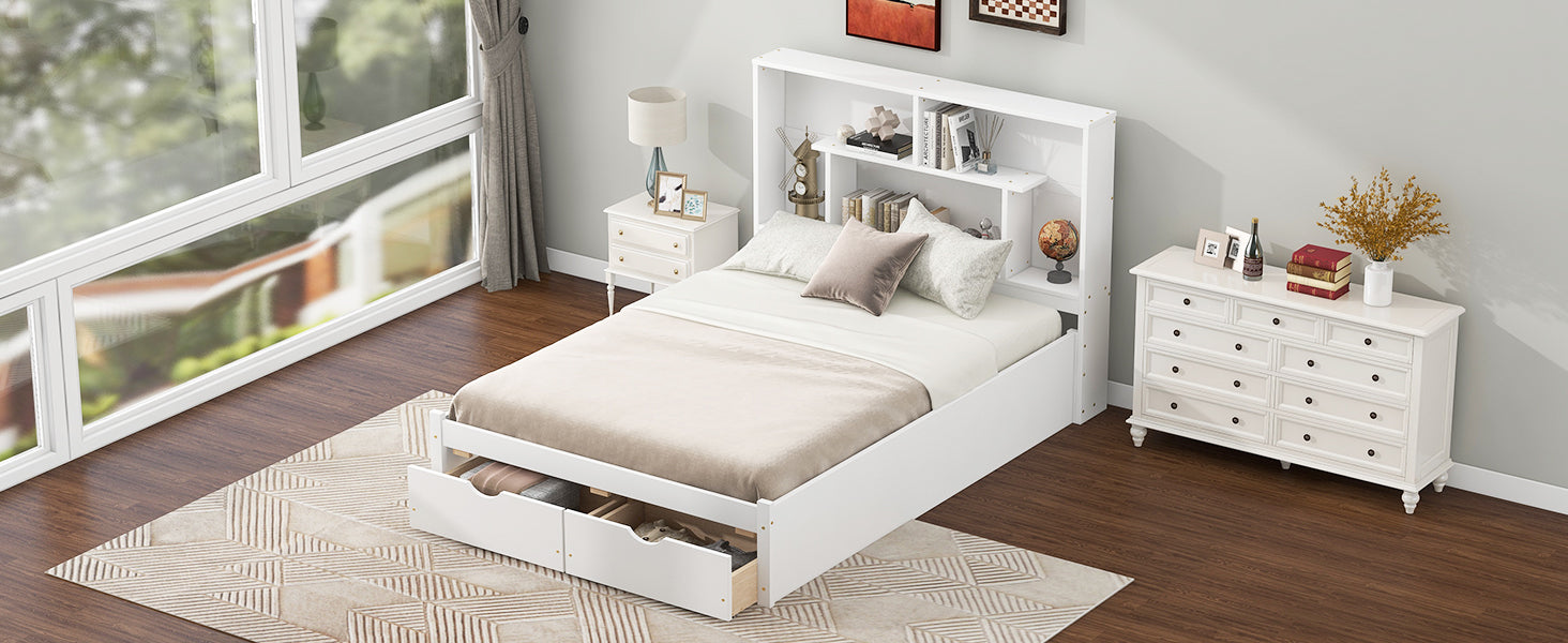 Full Size Platform Bed with Storage Headboard and 2 Drawers, White - Korvel