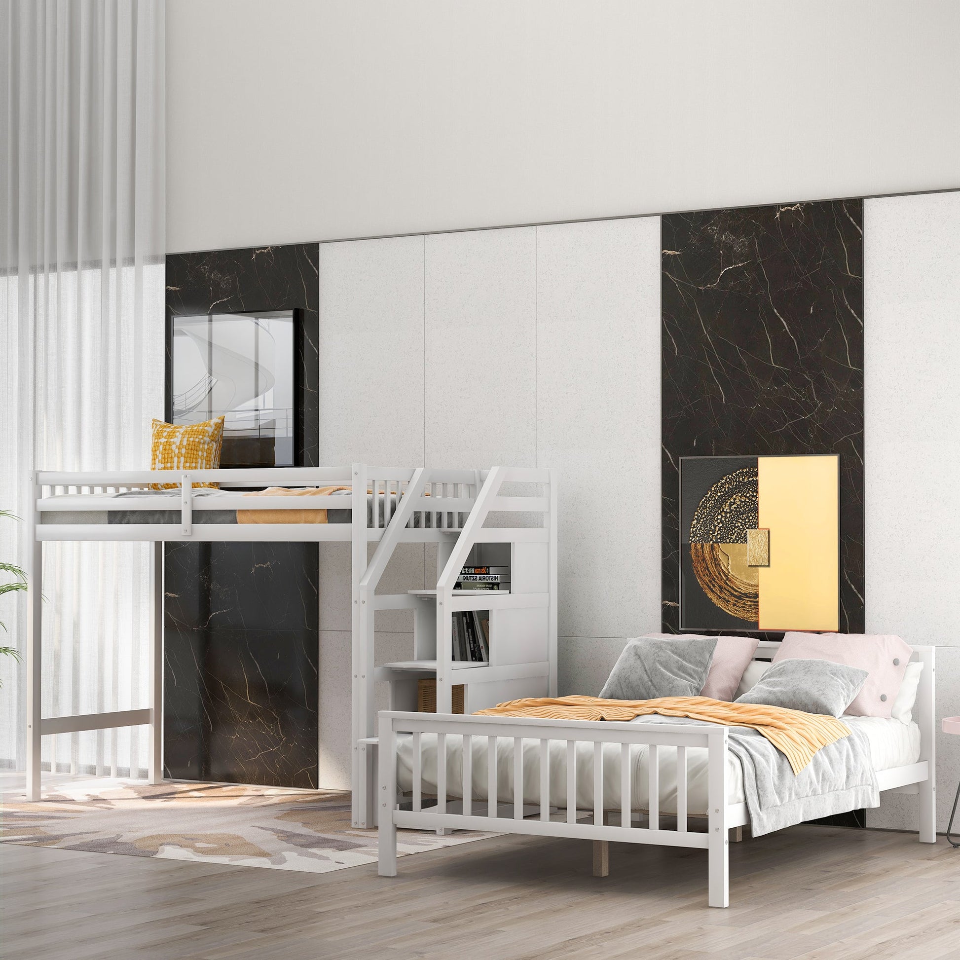 Twin over Full Loft Bed with Staircase,White - Korvel