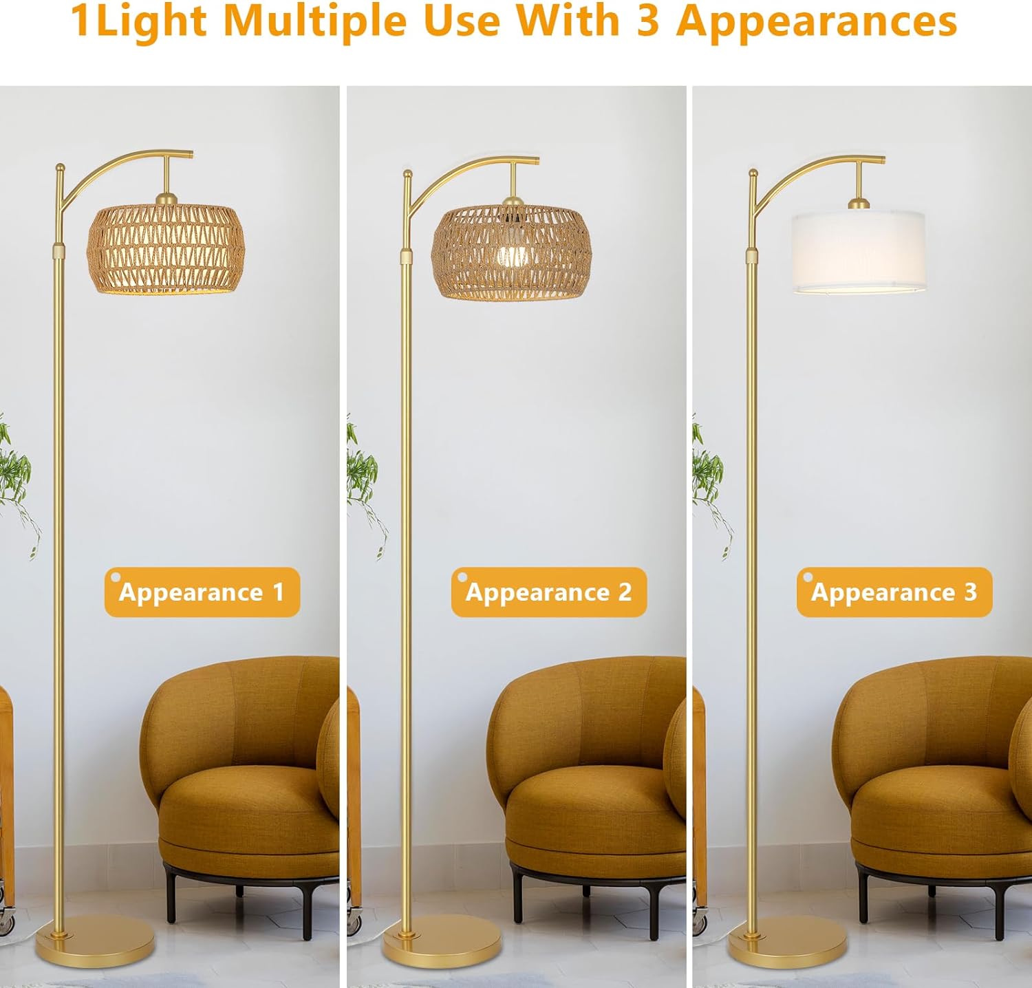 Arc Floor Lamp with 3 Color Temperatures, LED Gold Floor Lamp with Remote & Stepless Dimmable Bulb, Boho Standing Lamp - Korvel