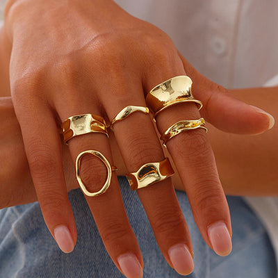 Ingemark 6Pcs Punk Irregular Hollow Metal Cuff Rings Set for Women