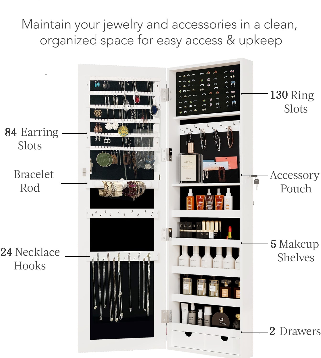 Mirror jewelry cabinet, 47.2-inch large capacity lockable jewelry organizer, wall mounted mirror, with white jewelry storage - Korvel