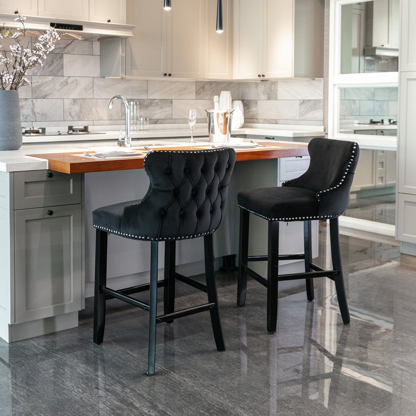 Elegant Black Velvet Wing Back Bar Stool Set of 2