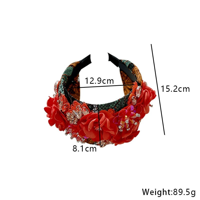 Bandeau en Fleurs en Tissu Fait Main et Diamant d'Eau Élégant
