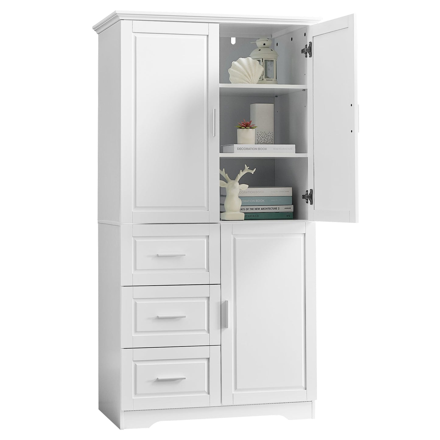 Tall and Wide Storage Cabinet with Doors for Bathroom/Office, Three Drawers, White - Korvel